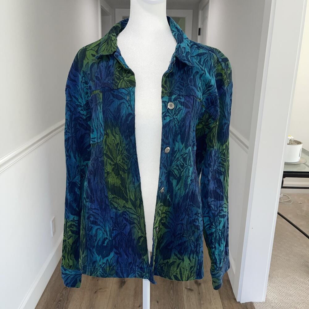 Chicos Green Blue Stretch Jacket Button Front Collar Stretch Travel Shacket Sz M